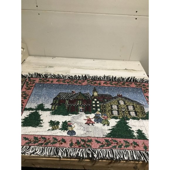 30”x35” tapestry look tasseled rug with winter holiday scene - Picture 1 of 5